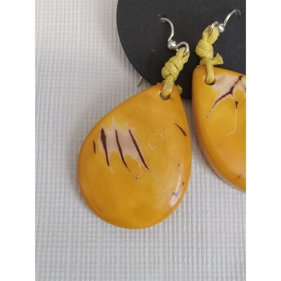 Orange and Yellow Teardrop Shaped Tagua Nut Dangle Drop Style Fashion Earrings - Picture 3 of 7
